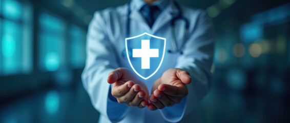 Doctor Protecting Health With Glowing Shield Featuring Medical Cross Symbol