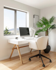Creating a serene workspace minimalist desk setup with modern chair and potted plant in a bright room for enhanced productivity
