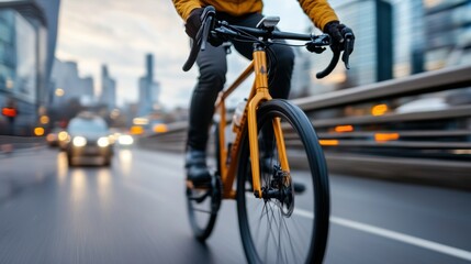 Naklejka premium Urban cyclist riding through a cityscape at dusk, showcasing speed and motion in a dynamic environment with blurred city lights in the background