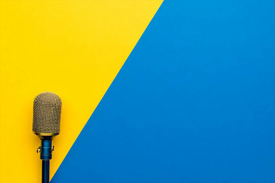 Retro microphone on vibrant yellow and blue background, ideal for podcasting, broadcasting, music, and communication concepts.