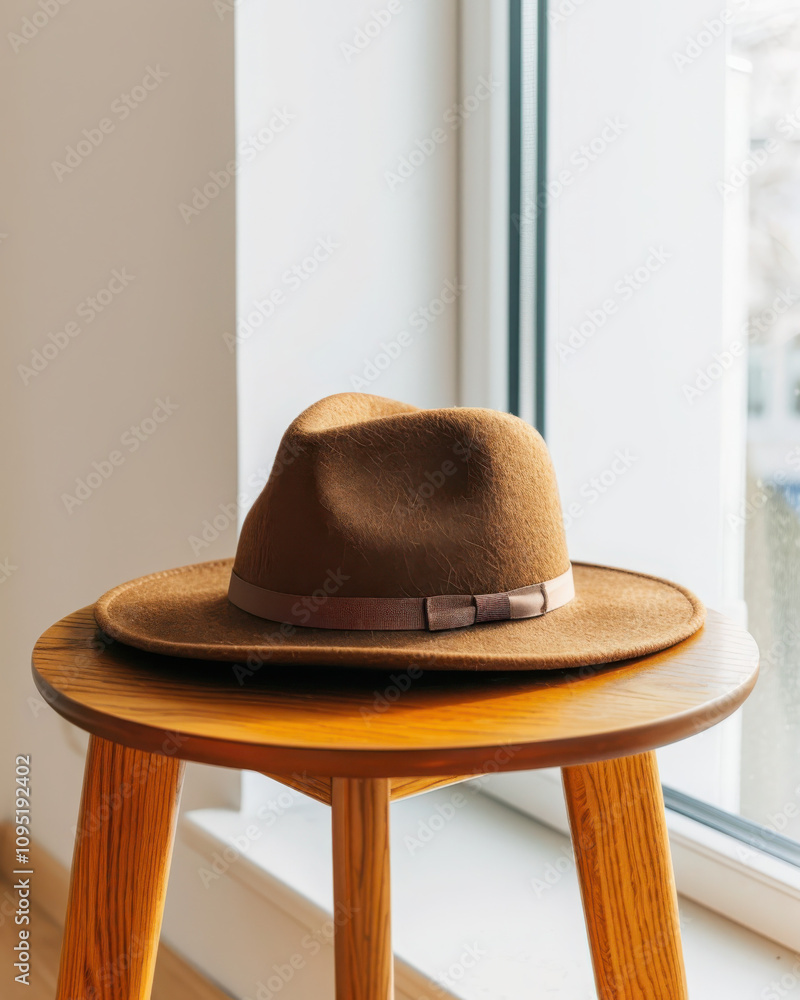 Poster a fedora hat resting on a smooth wooden stool in a minimalist setting capturing clean lines and simp