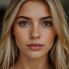 Obraz premium Porträt einer Frau, Nahaufnahme des Gesichts einer sehr schönen blonden Frau mit einem festen und entschlossenen Blick