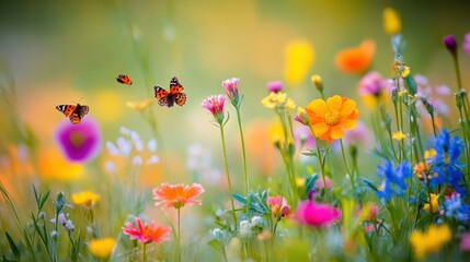 Colorful Wildflowers with Butterflies in a Summer Meadow