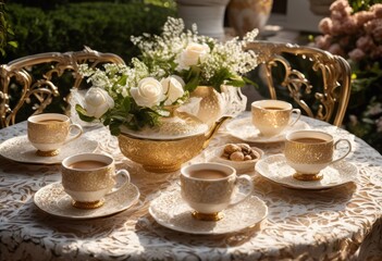 Fototapeta premium stylish tabletop setting featuring frosted coffee elegant cups beautiful decor elements, beverage, ice, tableware, arrangement, presentation, design