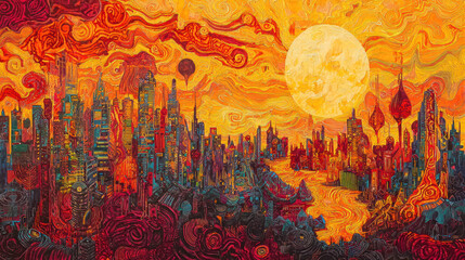 Obraz premium Vibrant Abstract Cityscape in Fiery Hues of Red, Orange, and Yellow with Intricate Details and a Stunning 16k Landscape Resolution