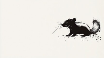 Black and White Digital Illustration of a Skunk with Whiskers and a Striped Tail on a Minimalist Background for Wildlife or Nature Themes