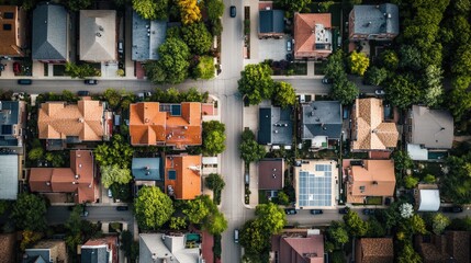 American Suburb Aerial View: Summertime Neighborhood with Real Estate Architecture