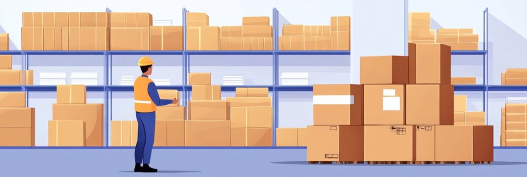 Cardboard Box With Tape. Order Picker Sealing Box for Dispatch in Warehouse Operation