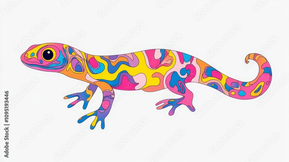 Poster vibrant and colorful illustration of a gecko with abstract patterns and artistic design on a white b