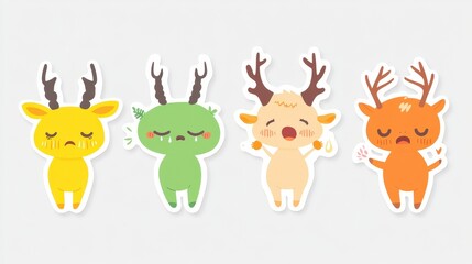 Fototapeta premium Collection of Cute Animal Characters with Antlers in Various Colors and Expressions, Adorable Illustrations for Children’s Books and Educational Materials