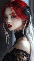 Fototapeta premium A trendy model woman with particolored hair and edgy makeup, her pose confident, against a white background