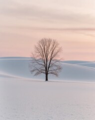 Stunning winter landscape a solitary tree on a snowy field beneath a pink frosty sunset sky.
