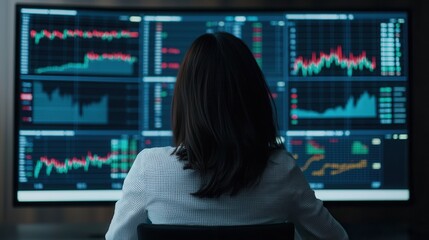 Businesswoman analyzing stock charts on large screen, focused and engaged