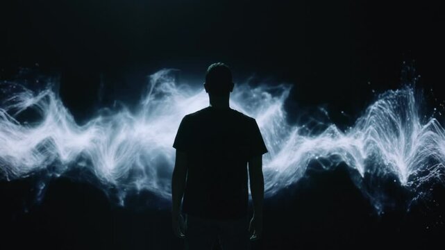 Silhouette Figure Standing Against Ethereal Smoke Wave Pattern Dark Atmosphere Spiritual Meditation