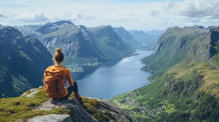 Fototapeta premium a woman sitting on a mountain top