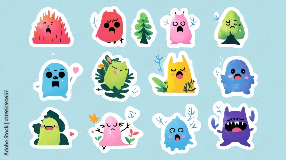 Poster colorful collection of cute cartoon monsters and characters with various expressions and designs on 