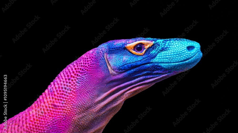 Poster vivid and colorful lizard portrait against black background showing intricate patterns and bright co