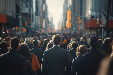 Obraz premium Sunlit City Street Anonymous Man in Gray Suit, Rush Hour Crowd