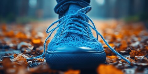 A detailed focus on a single blue shoelace tied into a crisscross pattern on a sneaker amidst scattered autumn leaves with a blurred background