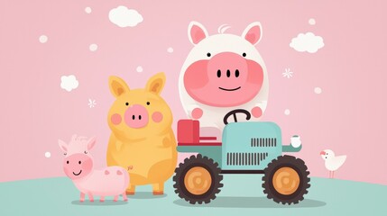 Obraz premium Cute cartoon pigs on a tractor with a pink background and fluffy clouds. , Kids wallpaper