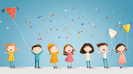 Fototapeta premium Cheerful kids celebrating with balloons and confetti against a blue background. , Kids wallpaper