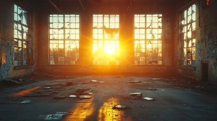 Abandoned factory at sunset, shattered windows, warm light streaming in, peeling paint and broken floor tiles, nostalgic and somber mood