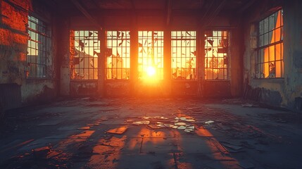Abandoned factory at sunset, shattered windows, warm light streaming in, peeling paint and broken floor tiles, nostalgic and somber mood