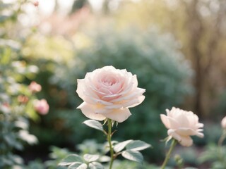 Soft pastel rose blooming in a lush garden captures serene beauty in springtime light.