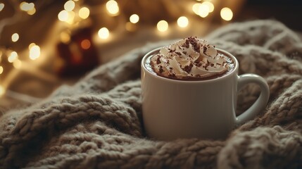 Close-Up of Steaming Mug of Hot Chocolate with Whipped Cream on Wool Blanket and Twinkling Fairy Lights