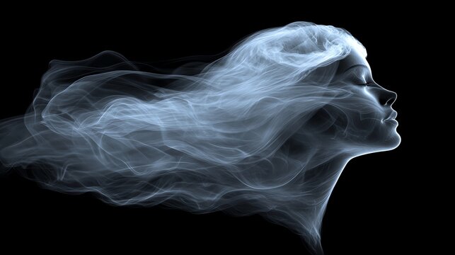 Abstract smoke swirl on a black background, ethereal and mysterious, soft flowing shapes