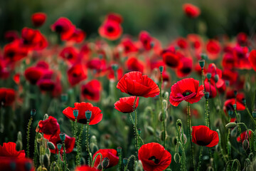 Beautiful field of red poppies with a few yellow flowers in the foreground. Concept of tranquility and calmness, as the vibrant red flowers stand out against the lush green grass
