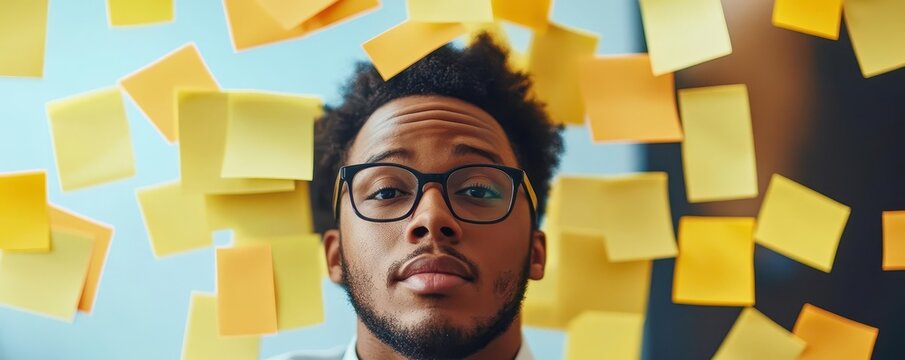 Worker with blank postit notes on desk, perfect for organization joke, office humor graphic, sticky note overload