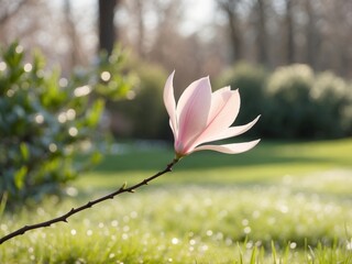 Delicate pink magnolia bloom reaching for sunlight in a serene spring garden.