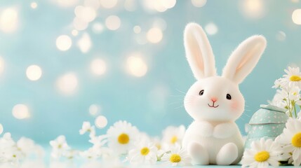 Obraz premium Cute white bunny with flowers and pastel background. , Kids wallpaper