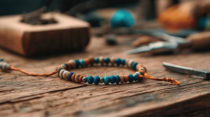 A handcrafted bracelet made of colorful beads rests on a rustic wooden table surrounded by tools and materials.