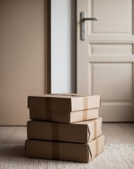Cardboard Boxes on Rug Near Door - Parcel Delivery Service Concept.