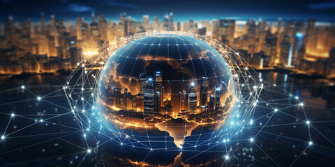 Digital globe with glowing circuits and data waves connecting continents, representing AI networks
