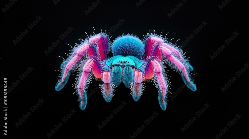 Poster vibrant and colorful close-up of a tarantula on black background showcasing detailed features and un