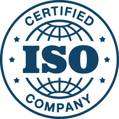 A dark blue circle with the words "CERTIFIED ISO COMPANY" and a globe image.