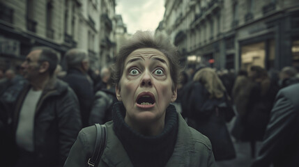 Fototapeta premium Shocked Woman City Street Chaos Crowd Candid Photo