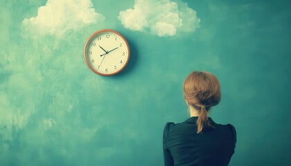 Employee staring at clock with blank thought bubble, ideal for endofday humor, funny meme graphic, waiting to leave