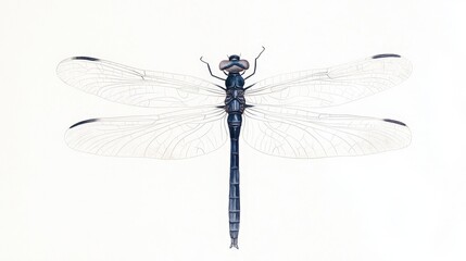 Detailed Illustration of a Dragonfly with Veins and Transparent Wings Captured Against a Minimalistic White Background for Nature Enthusiasts and Art Lovers