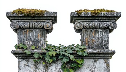 Ancient, weathered columns with cracks and ivy, timeless beauty isolate white background