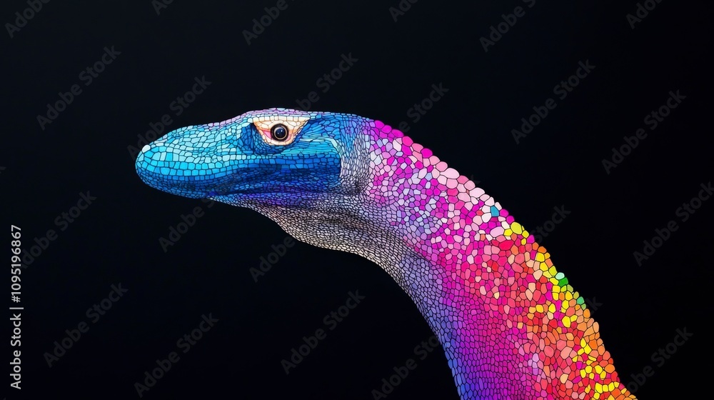 Poster Colorful Abstract Representation of a Lizard with Intricate Patterning on a Dark Background for Use in Creative Projects and Visual Media