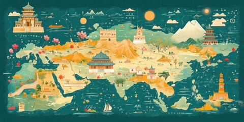 Artistic Map Depicting Ancient Asian Architecture and Landscapes