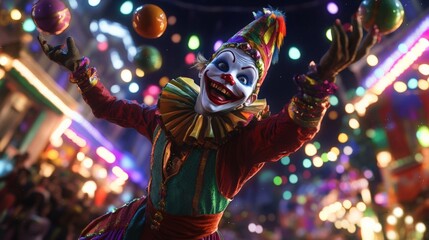 A Colorful Clown Juggling Balls in a Festive Atmosphere