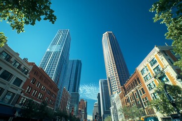 Fototapeta premium Sunlit City Street Tall Buildings & Contrasting Architecture