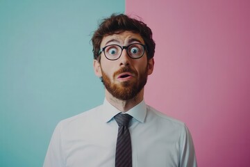 Office worker with confused look and blank area for meme text, funny template, confusing emails