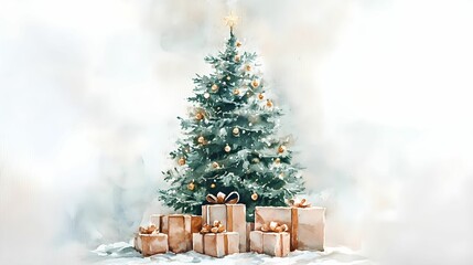 akwarela, choinka świąteczna, prezenty pod choinką, pastelowe kolory, neutralna paleta barw, białe tło, realistyczne malarstwo, sztuka akwarelowa, minimalistyczna kompozycja, świąteczna ilustracja, el