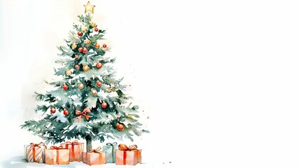 akwarela, choinka świąteczna, prezenty pod choinką, pastelowe kolory, neutralna paleta barw, białe tło, realistyczne malarstwo, sztuka akwarelowa, minimalistyczna kompozycja, świąteczna ilustracja, el